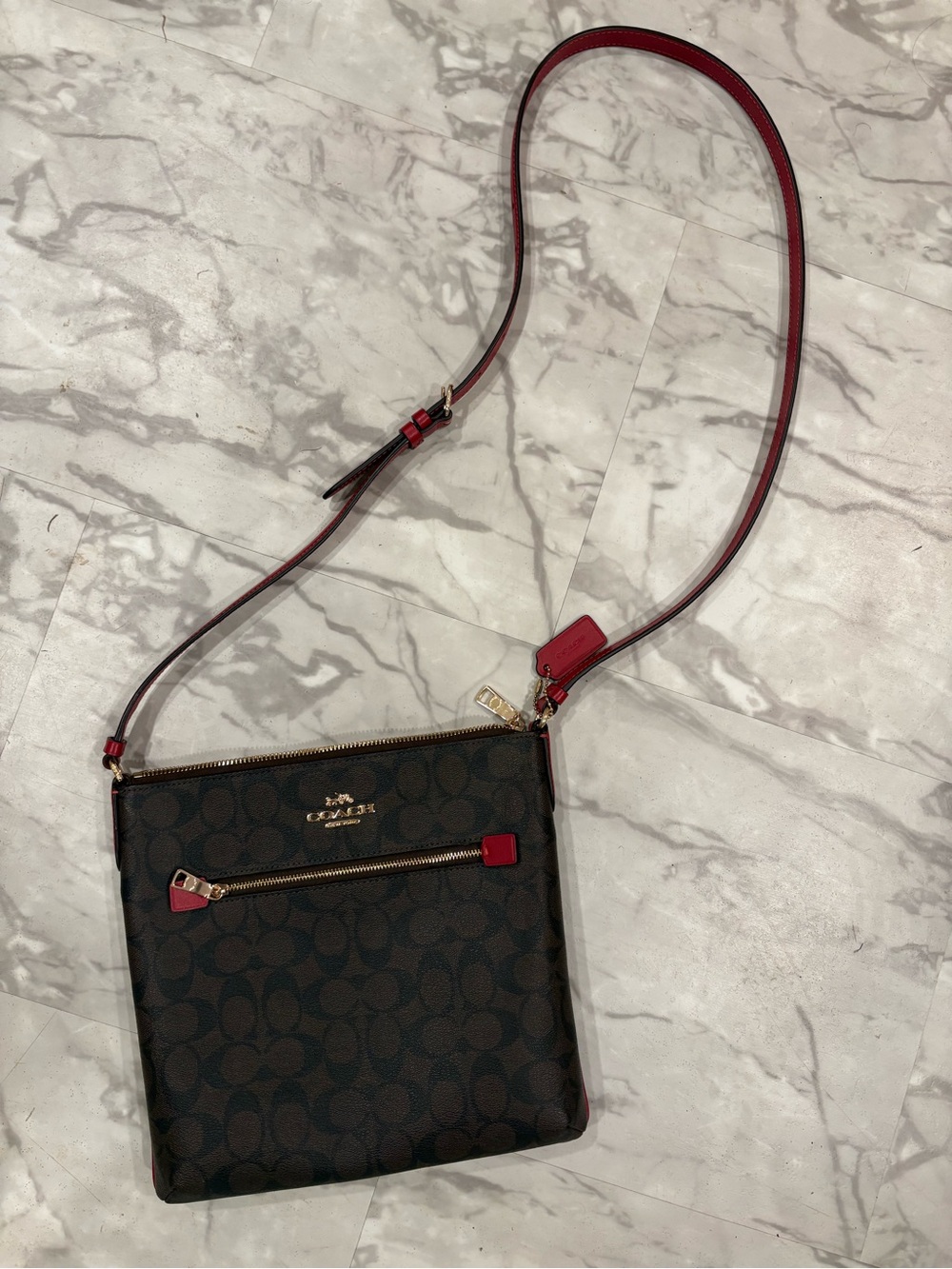 Coach Brown Signature Crossbody with Red Trim